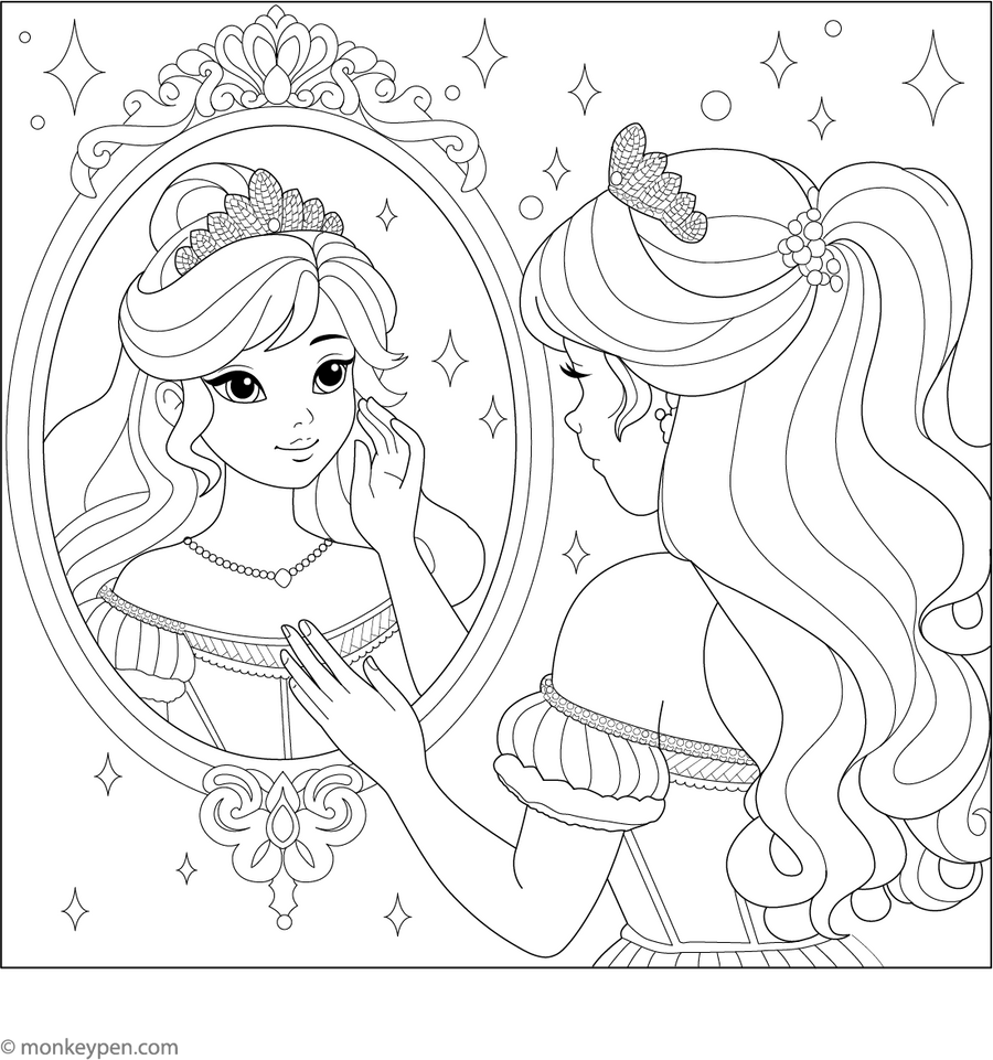 Princess With Magic Mirror Coloring Page