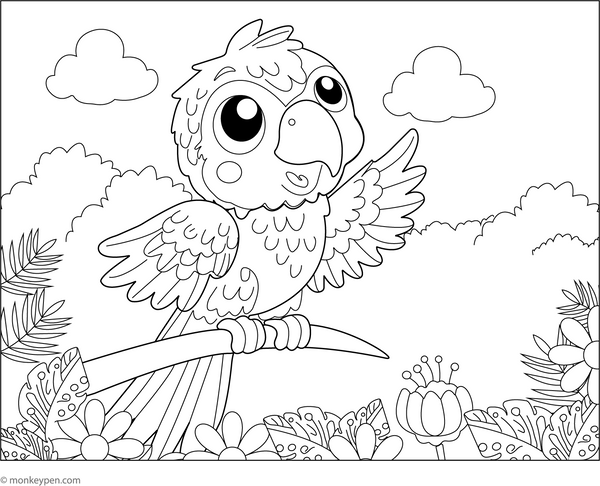 Macaw on Garden Coloring Page – tropical bird printable for children