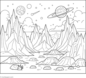 Colouring illustration of rugged Martian terrain characterized by mountainous regions, craters, and dunes—depicting an extraterrestrial landscape for children. 