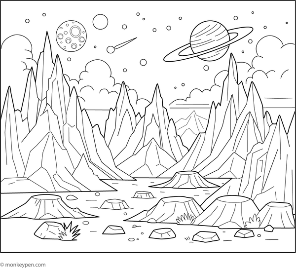 Colouring illustration of rugged Martian terrain characterized by mountainous regions, craters, and dunes—depicting an extraterrestrial landscape for children. 