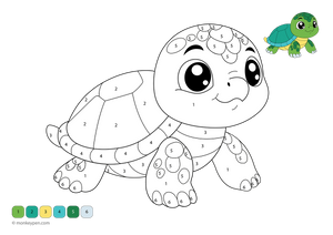 Downloadable turtle color-by-number worksheet featuring an adorable sea turtle with numbered sections on its shell, head, and background; a free printable that helps kids learn numbers through creative coloring fun.
