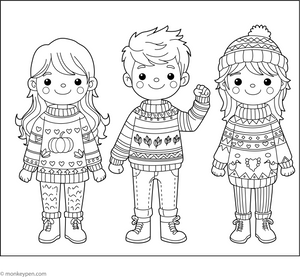 Kids in Sweaters Coloring Page