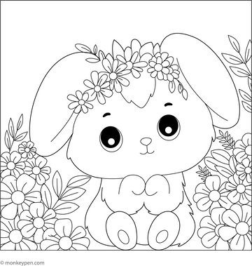 Cute Bunny In Flowers Coloring Page