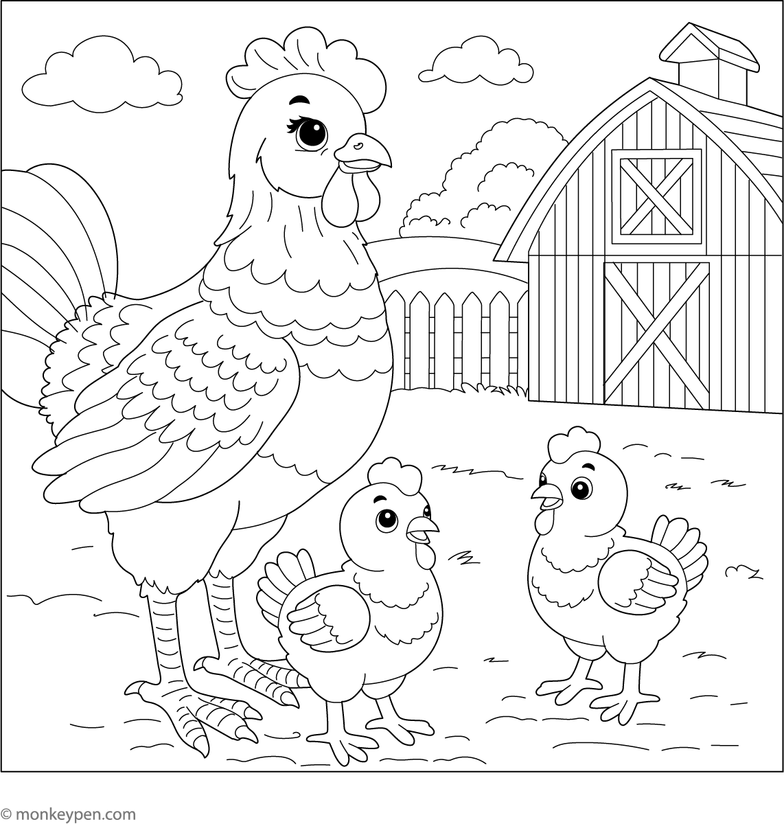 chicken-family-on-a-farm-coloring-page for Farm Colouring Pages Free Printables Chicken Family On A Farm Coloring Page for Farm Colouring Pages Free Printables