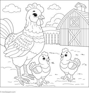 Chicken Family on a Farm Coloring Page