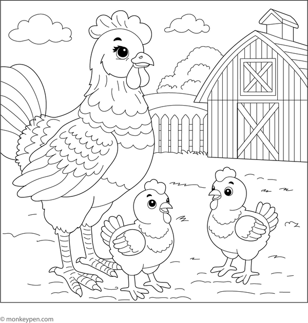 Chicken Family on a Farm Coloring Page