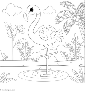 Flamingo in Tropical Lagoon Coloring Page