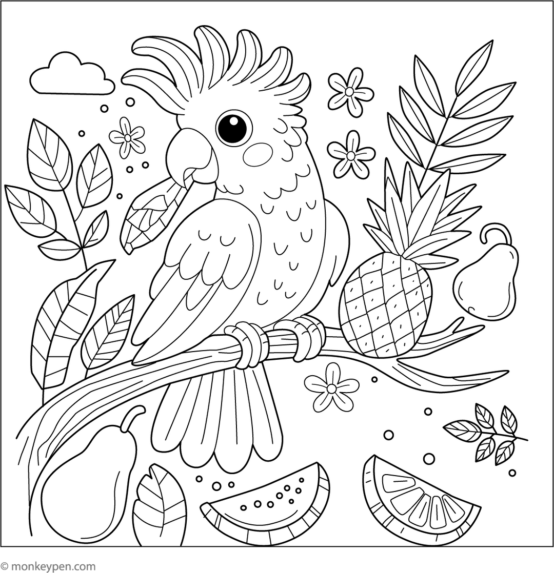 Cockatoo With Tropical Fruits Coloring Page