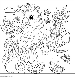 Cockatoo with Tropical Fruits Coloring Page – fun and educational printable for children