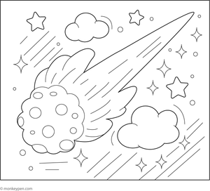 Colouring illustration of a comet streaking through the night sky, leaving a luminous tail behind—a cosmic scene suitable for young learners.  