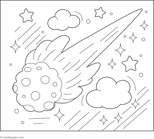 Colouring illustration of a comet streaking through the night sky, leaving a luminous tail behind—a cosmic scene suitable for young learners.  