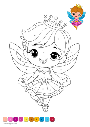 Whimsical fairy color-by-number activity featuring a downloadable page with numbered sections on her wings, crown, and dress—perfect for kids exploring colors and numbers through imaginative play.