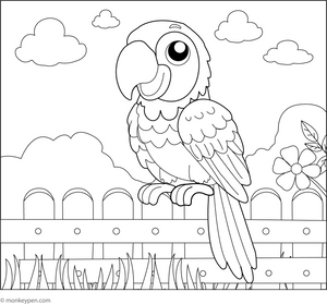 Macaw on a Fence Coloring Page – tropical bird printable for children