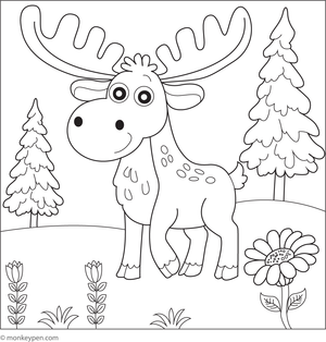 Colouring page featuring a majestic moose with large antlers within a forest setting, designed to appeal to children.