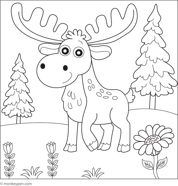 Colouring page featuring a majestic moose with large antlers within a forest setting, designed to appeal to children.