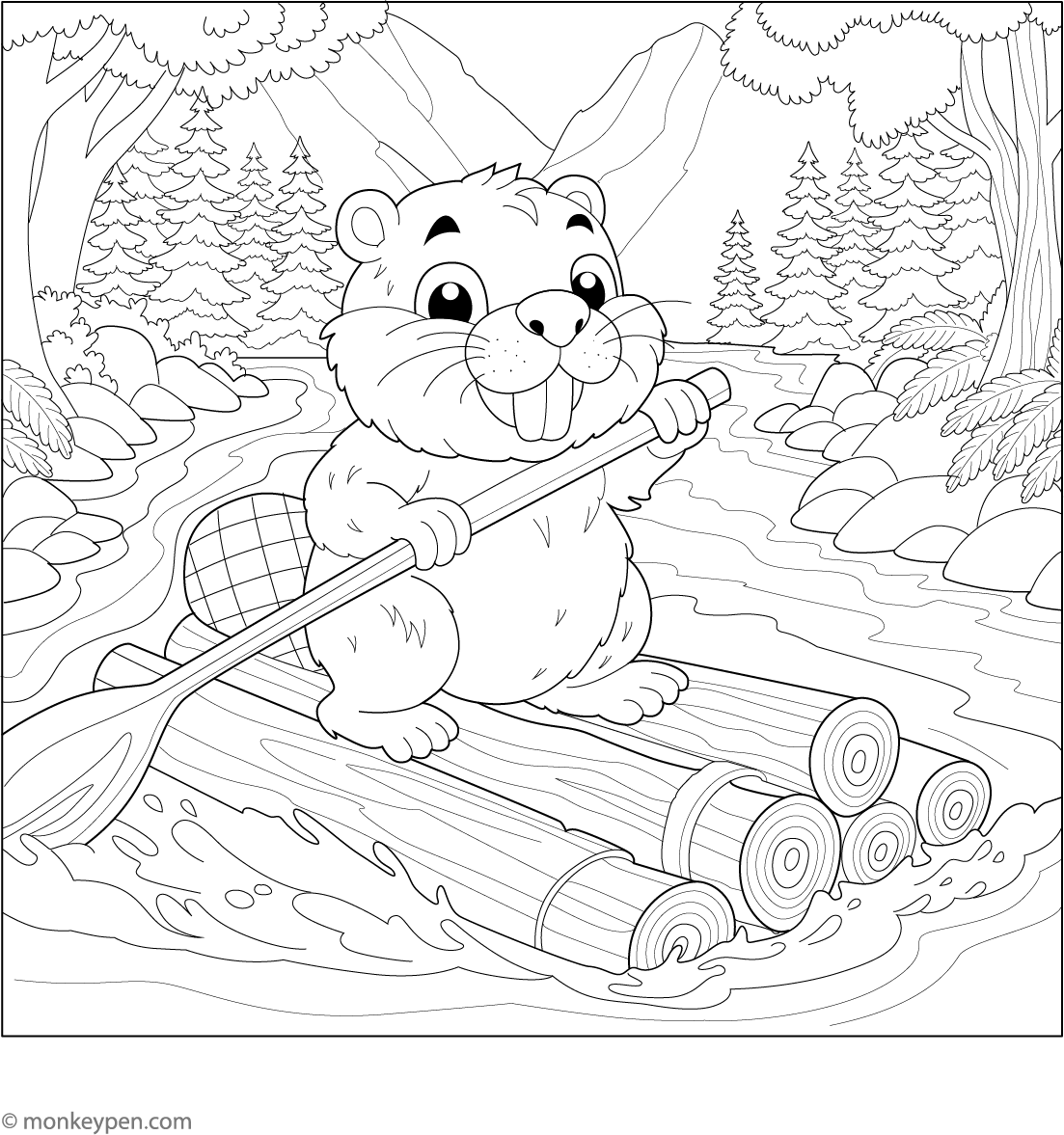 Beaver Riding A Log Raft Coloring Page