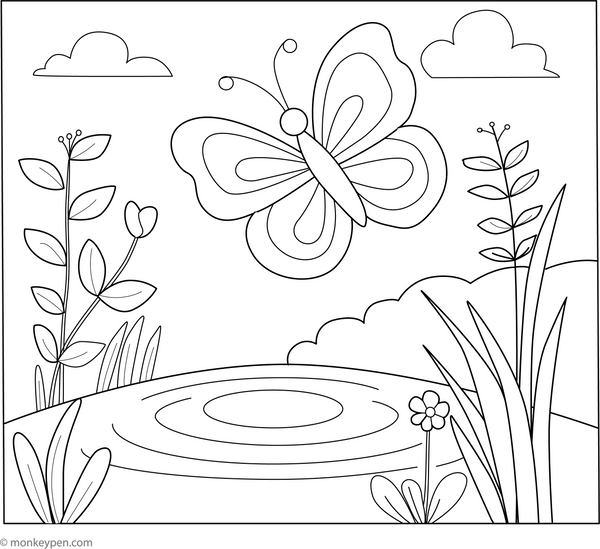 Butterfly by the Pond Coloring Page – fun and educational printable for children