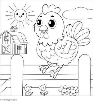Chicken on a Fence Coloring Page
