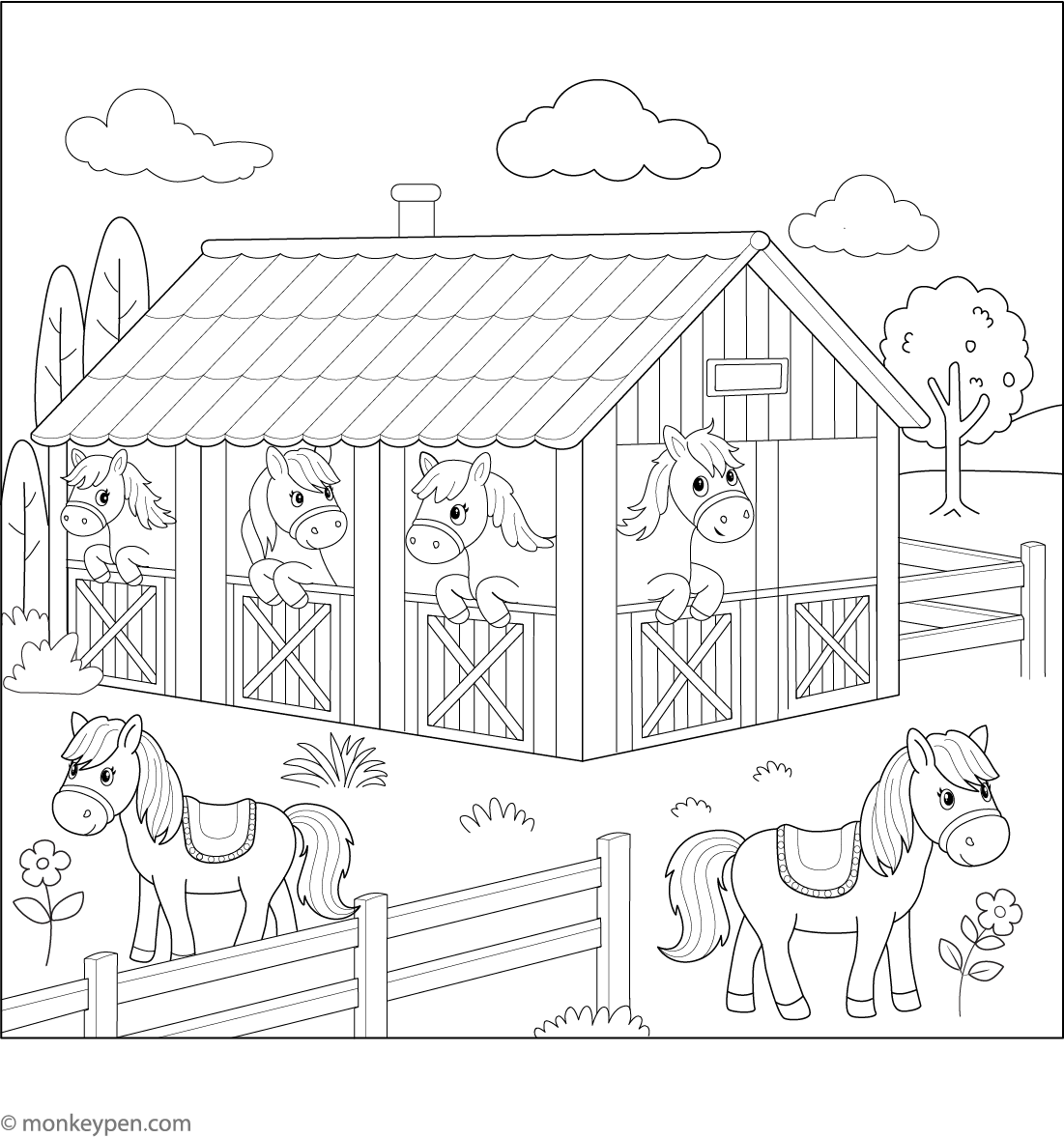 Horse Stable Coloring Page – Fun Farm Scene Printable for Kids