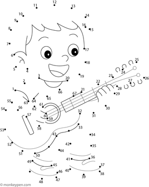 Dot-to-dot worksheet of a cartoon boy playing a guitar for children to connect and color.