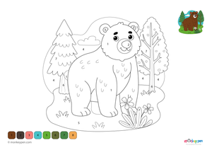 A large forest bear standing among trees, featured in a simple color-by-number worksheet. This fun downloadable PDF is perfect for toddlers learning numbers and exploring nature through coloring.