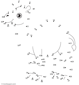 Dot-to-dot worksheet of a cartoon camel with a hump for children to connect and color.