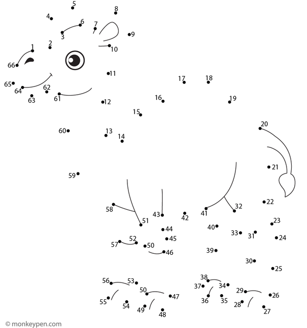 Dot-to-dot worksheet of a cartoon camel with a hump for children to connect and color.