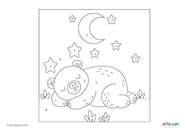 A peaceful bear resting in a grassy clearing, designed as a color-by-number activity. This soothing worksheet is free to download as a PDF, offering a relaxing way for kids to practice numbers and colors.
