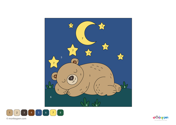 A peaceful bear resting in a grassy clearing, designed as a color-by-number activity. This soothing worksheet is free to download as a PDF, offering a relaxing way for kids to practice numbers and colors.
