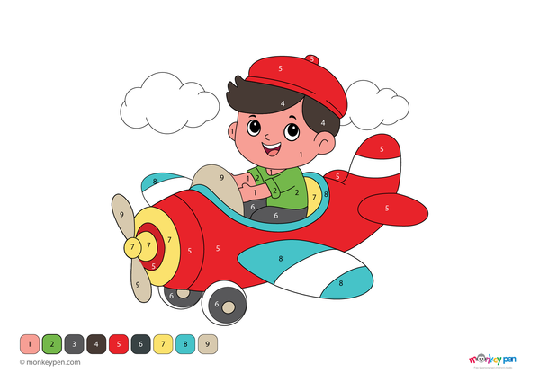 An adventurous boy flying a cartoon airplane through fluffy clouds, shown in a playful color-by-number format. This engaging PDF activity is free to download and encourages creativity while practicing number skills.
