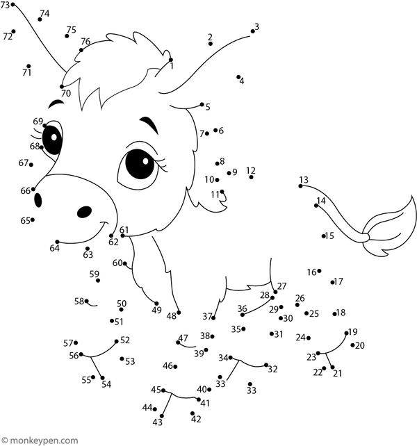 Dot-to-dot worksheet of a cartoon donkey with prominent ears for children to connect and color.