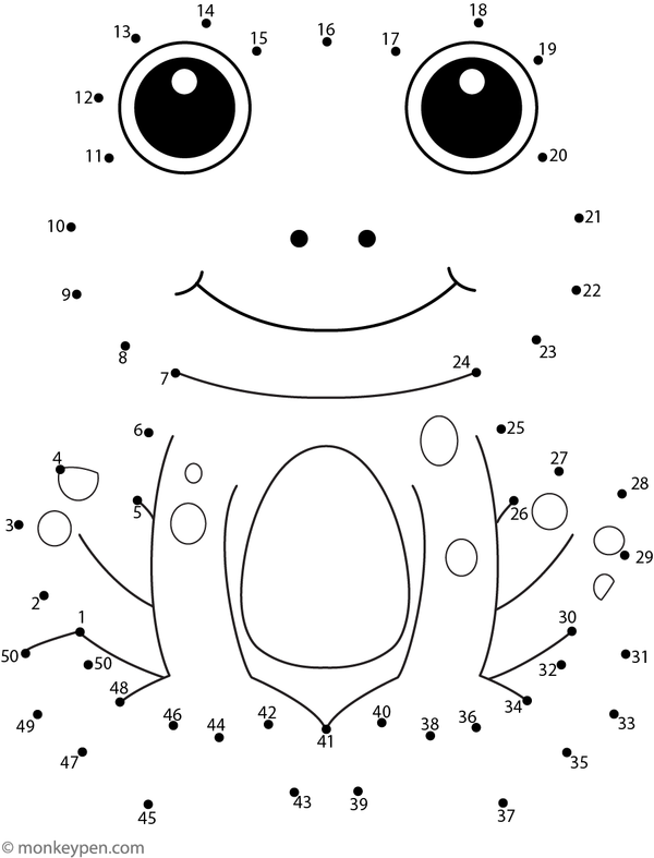 Free printable dot-to-dot worksheet of a cartoon frog with large eyes for children to connect and color.