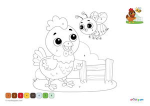 A cheerful chicken and buzzing bee in a colorful farmyard scene, designed as a color-by-number worksheet. This educational PDF is free to download and helps children build number and color recognition through nature-themed fun.

