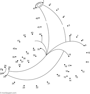 Dot-to-dot worksheet of a cartoon banana for children to connect and color.