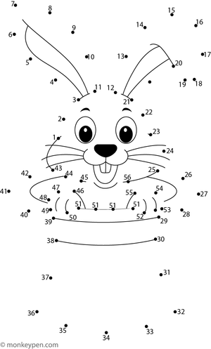 Dot-to-dot worksheet of a cartoon rabbit with long ears for children to connect and color.