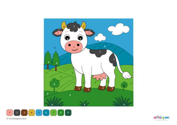 A peaceful cow grazing in a grassy meadow with rolling hills in the background, illustrated in a color-by-number style. This relaxing and educational PDF is downloadable for free, perfect for kids learning numbers through farm-themed coloring fun.
