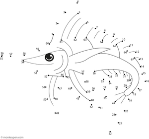 Educational dot-to-dot worksheet featuring a cartoon swordfish with a pointed nose for children to connect and color.