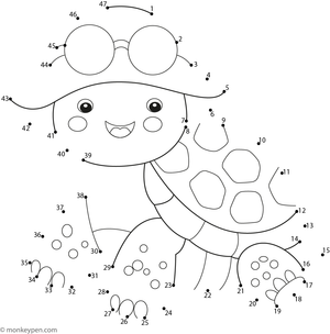 Educational dot-to-dot worksheet depicting a cartoon tortoise with a shell for children to connect and color.