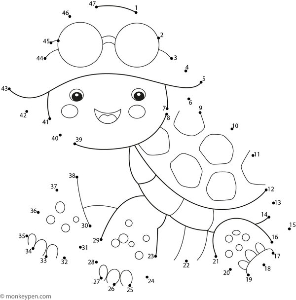 Educational dot-to-dot worksheet depicting a cartoon tortoise with a shell for children to connect and color.