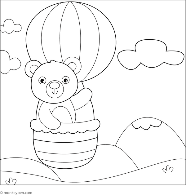 Bear in a Hot Air Balloon Coloring Page