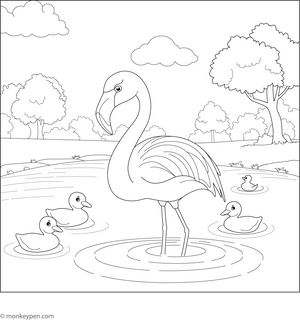 Flamingo and Ducklings Coloring Page