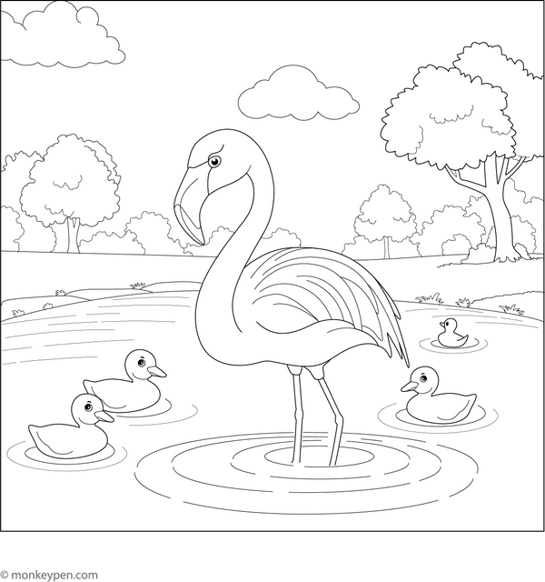 Flamingo and Ducklings Coloring Page