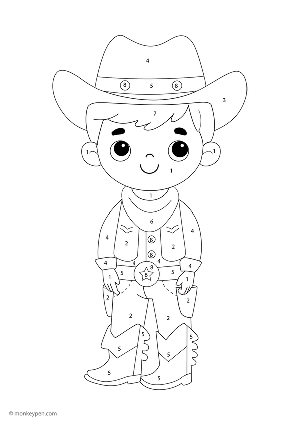 Downloadable cowboy color-by-number worksheet featuring numbered sections for a hat, boots, and western background—a fun and educational printable that helps kids build number and color skills through imaginative play.