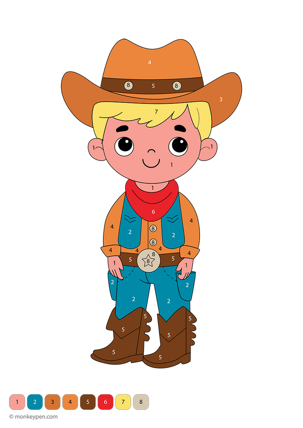 Downloadable cowboy color-by-number worksheet featuring numbered sections for a hat, boots, and western background—a fun and educational printable that helps kids build number and color skills through imaginative play.
