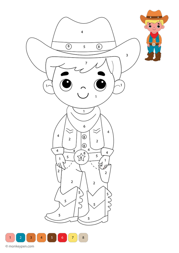Downloadable cowboy color-by-number worksheet featuring numbered sections for a hat, boots, and western background—a fun and educational printable that helps kids build number and color skills through imaginative play.