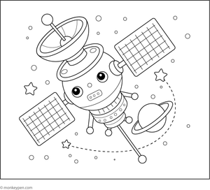 Colouring illustration of a robotic space probe investigating a remote planetary body or satellite, presenting a futuristic scene suitable for children.  