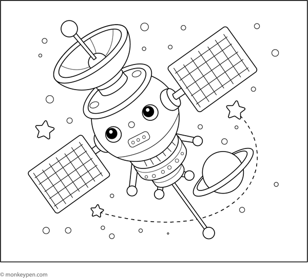 Colouring illustration of a robotic space probe investigating a remote planetary body or satellite, presenting a futuristic scene suitable for children.  