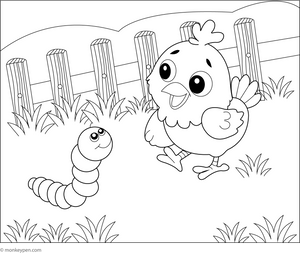 Chicken and Worm Coloring Page