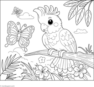 Cockatoo and a Butterfly Coloring Page – fun and educational printable for children