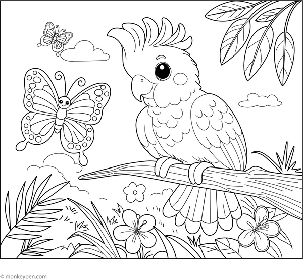 Cockatoo and a Butterfly Coloring Page – fun and educational printable for children